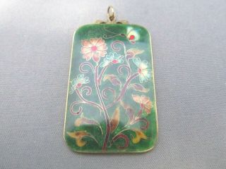 Vintage Heavy Green Cloisonne Stained Glass Flower Ingot Pendant Necklace