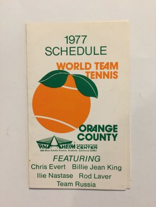 Vintage 1977 World Team Tennis Pocket Schedule - Orange County - King,  Laver,  Evert