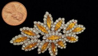 Vintage Art Deco Large Brooch Yellow And Clear Rhinestones - Gorgeous