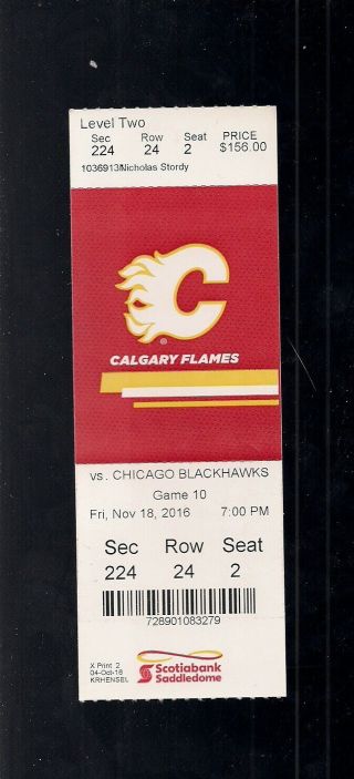 Hockey Nhl,  Calgary Flames Ticket Stub,  2016