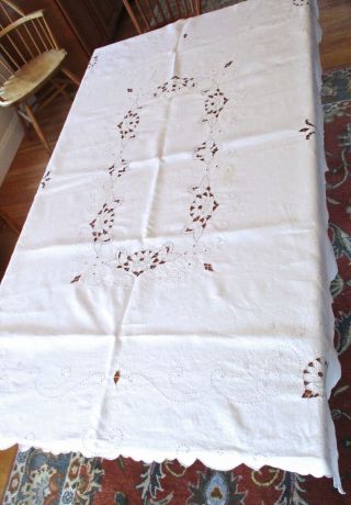 Vintage Linen Tablecloth 68 " X50 " Cut - Out Embroidery In Gray Thread Scalloped Hem