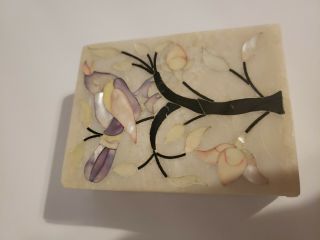 Vintage Stone Trinket Box W/ Inlaid Mother Of Pearl Bird Flowers Made In India