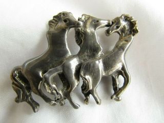Vintage Signed Sterling Silver Triple Horse Brooch Pin 15.  8 Grams