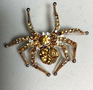 Vintage Signed " W " Spider Brooch/pin With Amber Rhinestones
