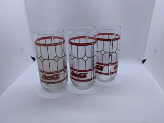 3 Vintage 1970’s Coca Cola Libbey Tiffany Style Frosted Stained Glasses Read
