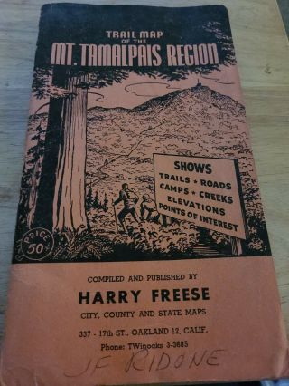 Vintage “freese Trail Map Of The Mt.  Tamalpais Region” (marin Co.  Ca)