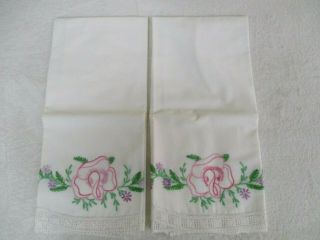 Vintage Pillowcases Embroidered Flowers With Lace Edge Trim - 30 " X19.  5 "