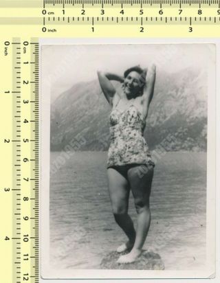 Hairy Armpits Swimsuit Woman Pose On Beach Swimwear Lady Portrait Vintage Photo