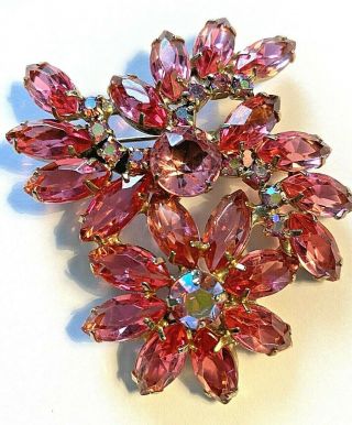 Vintage Pink Aurora Borealis Rhinestone Flower Brooch Pin