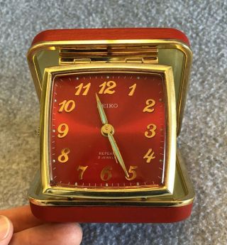 Vintage Seiko Alarm Travel Clock,  Red Face And Folding Case,  Japan,  2 Jewels