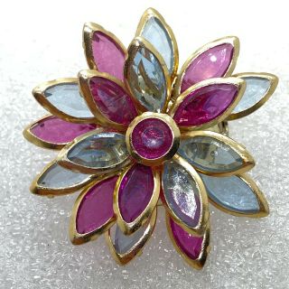 Vintage Blue And Pink Flower Brooch Pin Rhinestones Gold Tone Costume Jewelry