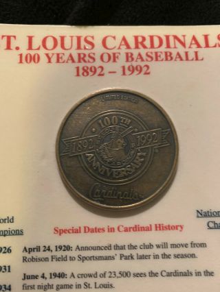 St.  Louis Cardinals 100 Years Of Baseball Anniversary Coin 1892 - 1992
