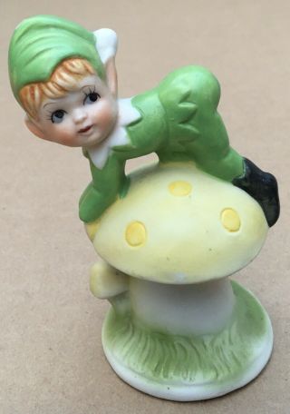 Vintage 4” Green Pixie Elf On Yellow Mushroom Holiday Christmas Ceramic Figurine