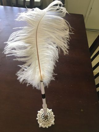 Vintage Ostrich Feather Quill Guest Signing Pen With Metal Holder