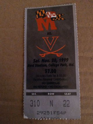 1999 Maryland Vs Virginia College Ncaa Football Ticket Stub