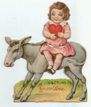 Girl Riding Small Horse,  Donkey; Vintage Mechanical Valentine; German; Unsigned