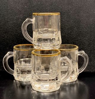 Vintage Set Of 4 Federal Mini Beer Mug Shot Glasses With Gold Rim