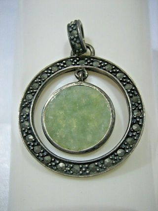 Estate Vintage Sterling Silver.  925 Marcasite Green Stone Circle Disc Pendant