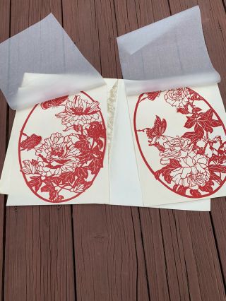 Set Of Two Vintage Chinese Folk Art Hand Made Paper Cut Red Butterfly & Flower