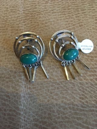 Vintage Mexico Sterling Silver Screw Back Earrings With Green Stones Southwest