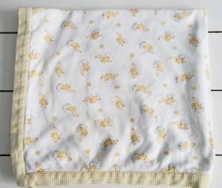 Vtg Care Bears Baby Blanket Yellow White Knit Cotton Lovey 2002 Gingham Trim