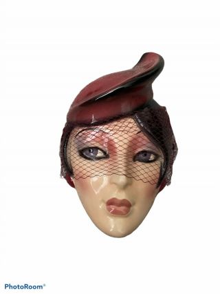 Vintage Clay Art Ceramic Face Wall Mask Woman With Hat W/veil