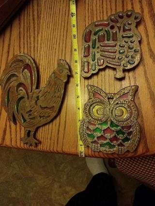 3 Vintage Cast Iron Trivets Rooster Large And Small,  Owl Stained Glass Taiwan