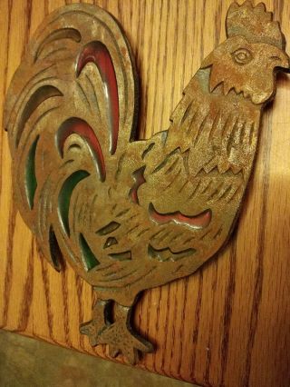 3 Vintage Cast Iron trivets ROOSTER large and small,  Owl Stained Glass Taiwan 2