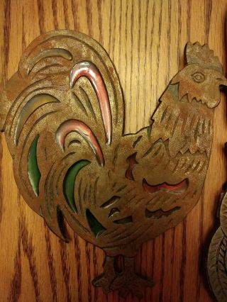 3 Vintage Cast Iron trivets ROOSTER large and small,  Owl Stained Glass Taiwan 3