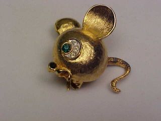 Vintage Signed Mandle Goldtone & Rhinestone Mouse Brooch