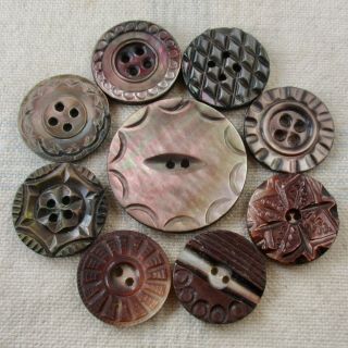 Assortment Of 9 Vintage Carved Mother Of Pearl Sew - Thru Buttons