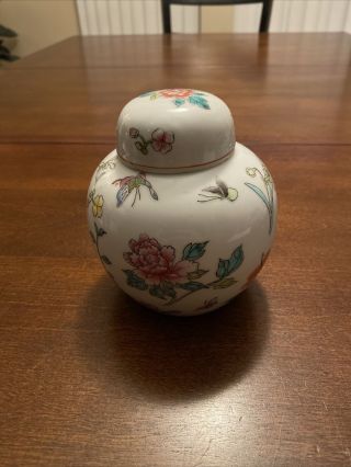 Vintage Porcelain Ginger Jar With Lid 6” Made In China Butterfly,  Grasshopper