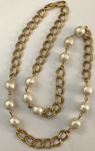 Vintage Napier Signed Gold Tone Chain & White Faux Pearl Beaded Necklace 24 "