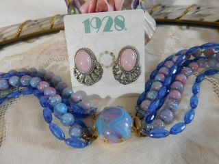 Vintage 1928 Pink/silver Earrings And Blue/pink Beaded Multi Strand Necklace