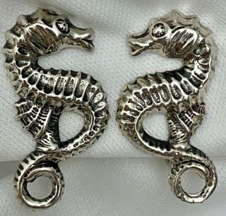 Vtg Beau Sterling Silver Seahorse Screw Back Earrings Sea Horse Repousse Relief