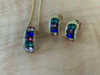 Vintage Multi Color Gemstone Gold Tone 18 " Necklace Earrings Set Red Blue Green