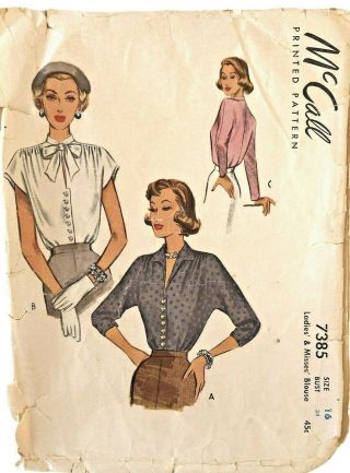 Mccall 7385 Vintage 1940s Sewing Pattern Size 16 Blouse Dolman Sleeve Collar Bow