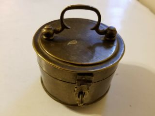 Vintage Footed Round Brass Trinket Box With Latch And Handle 4 " Across & 3 " High