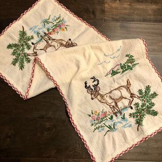Vintage Linen Dresser Scarf Table Runner White Embroidered Deer W/ Outdoor Scene