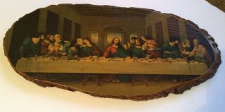 Vintage The Last Supper On Live Edge Cedar Wood Slab Wall Art 17” X 8”