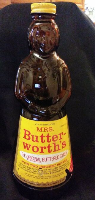 1967 Vintage Mrs Butterworth Brown Amber Glass Figural Bottle Metal.  69 Cent Cap
