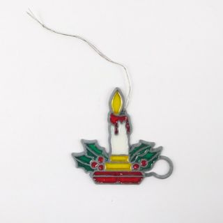 Vintage Stained Glass Candle Holly Berries Christmas Ornament