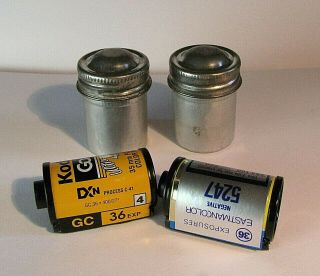 Vintage Metal Film Canisters,  2 Old Mystery Undeveloped Kodak 35mm Rolls