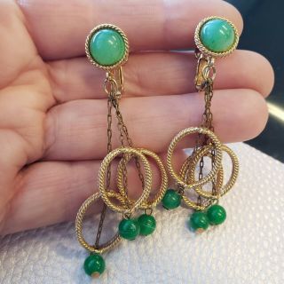 Vintage Gold Tone Green Plastic Beads Dangle Earrings Clip On 2.  5 " T
