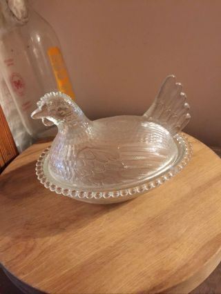 Vtg Striated Base Crystal Indiana Glass Chicken Hen On Nest Candy Dish