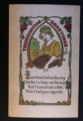 Vintage Arts & Crafts Thanksgiving Postcard Poem Lady Turkey Fruit - B870