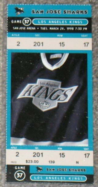 1998 San Jose Sharks Vs Los Angeles Kings Ticket - Ex - -