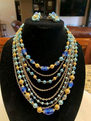 Vintage Japan Necklace Earring Set Layered Blue Bead Goldtone Chain Gorgeous