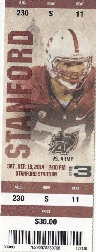 2014 Stanford Cardinal Vs Army Football Ticket Stub 9/13 College Football