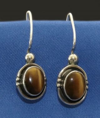 Pretty Vintage 925 Sterling Silver Tiger Eye Gemstone Dangle Earrings Jewelry